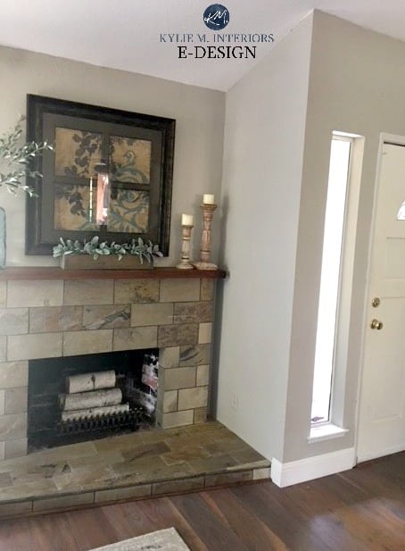 Sherwin Williams Collonade Gray with slate tile fireplace. Best greige paint colour. Kylie M INteriors Edesign, online paint color consulting