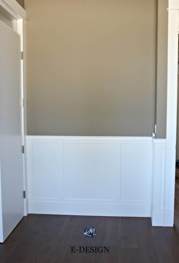 Sherwin Williams Quiver Tan, Cloud White wainscoting, dark oak wood floor. Kylie M INteriors Edesign