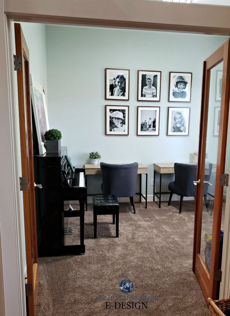 Sherwin Williams Sea Salt in home office, kids homework room with gallery wall. Kylie M INteriors Edesign, client photo