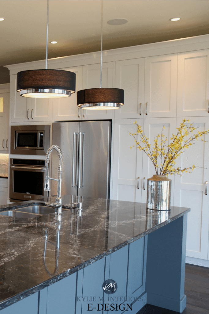 White kitchen cabinets, Pure White Sherwin Williams, gray paint island, Cambria black quartz, modern pendant lights. Kylie M Interiors Edesign, decor and paint color blog