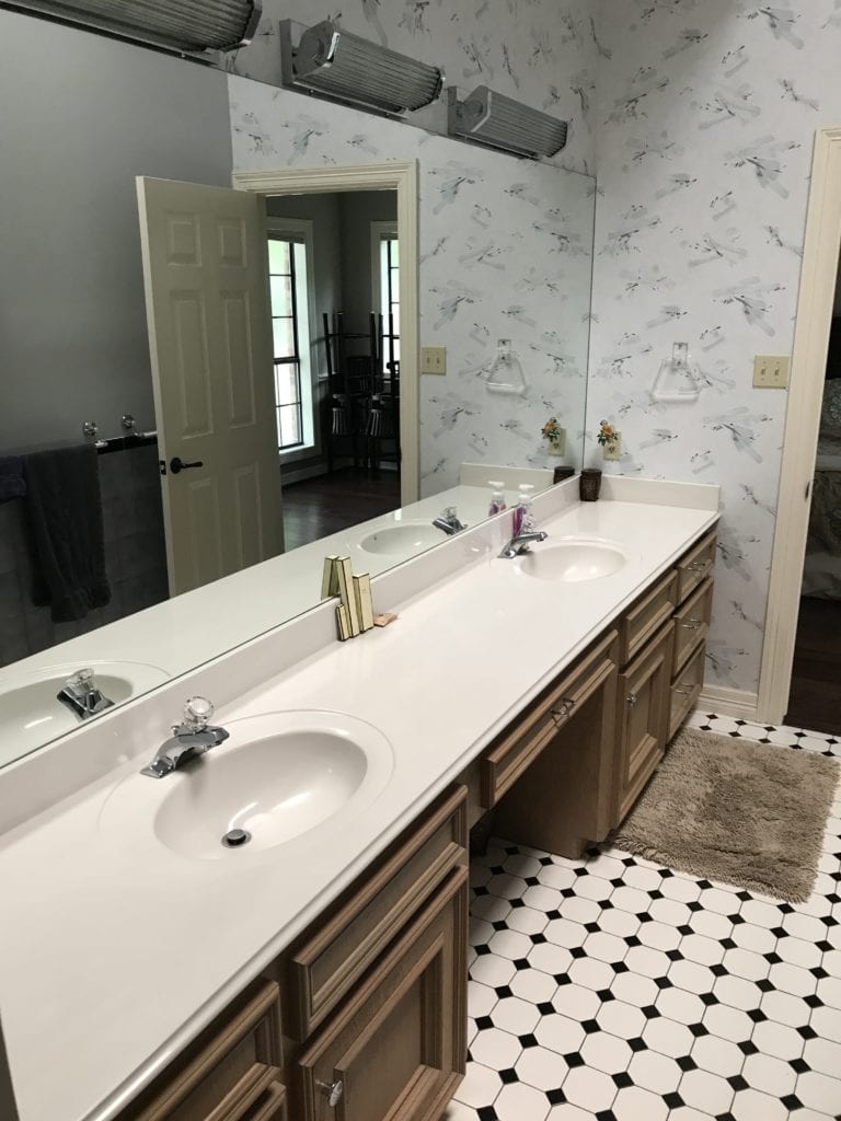 BEFORE photos of bathroom remodel with restoration hardware vanity, cement tile, ARgos