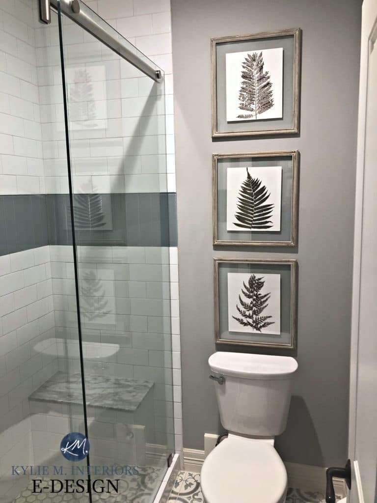Bathroom remodel. Kylie M Interiors Edesign, paint color consultant. Sherwin Williams Argos, Restoration Hardware vanity, cement patterned floor tile