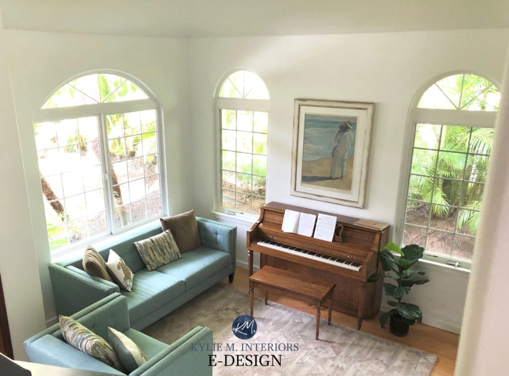 Benjamin Moore Chantilly Lace in north facing living room in Hawaii Maui. Kylie M Interiors Edesign, online paint color consulting blog