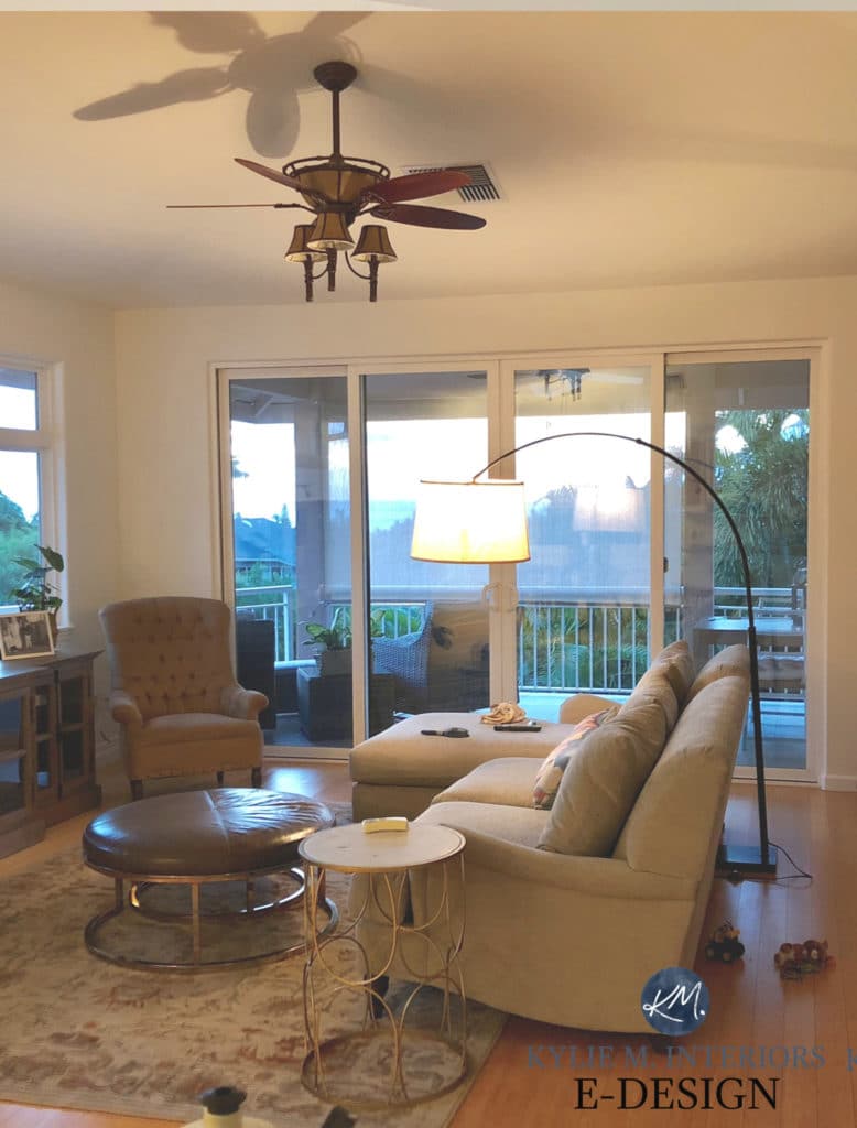 Best white paint colour, Sherwin Williams Pure White. Paint colour review Kylie M INteriors Edesign shown in living room with light bulbs evening (1)