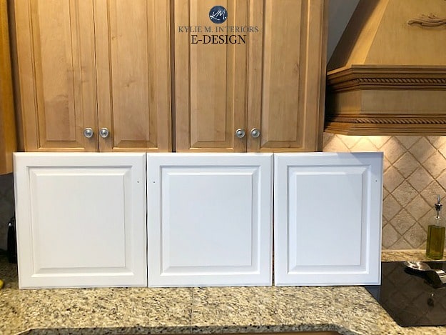 Comparing white paint colors on cabinets. Cloud White and White Dove. Kylie M Interiors Edesign with wood cabinets