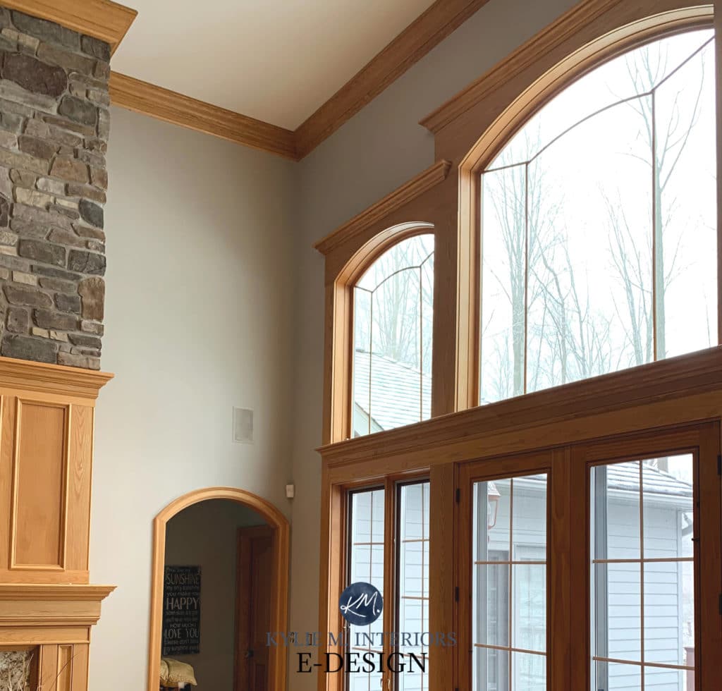 Sherwin Williams Colonnade Gray with golden oak trim, fireplace and wood flooring. Kylie M INteriors Edesign