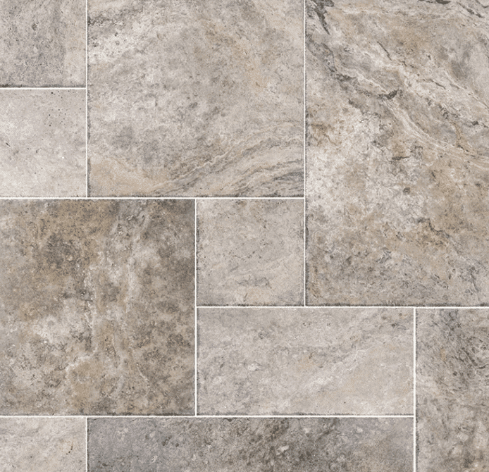 The best tile to update almond or bone bathroom fixtures, tub, sink and more. Travertine. Kylie M INteriors Edesign suggesting Wayfair