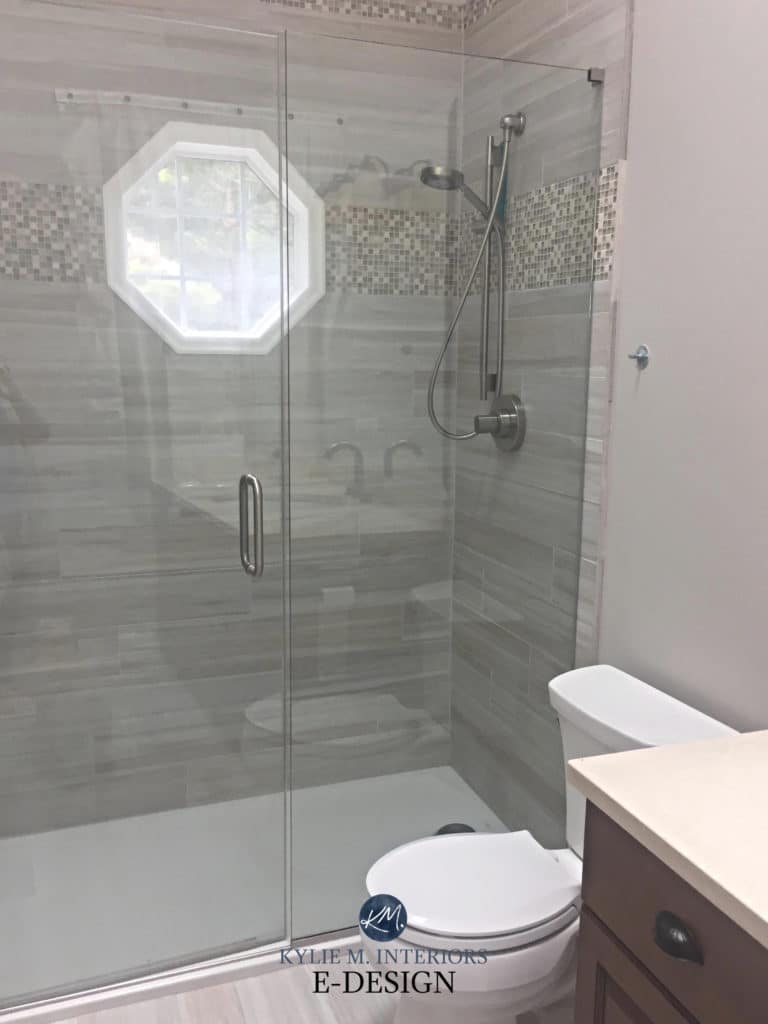 Agreeable Gray in bathroom with greige tile. KYlie M Interiors Edesign, online paint colour consultant. Client photo