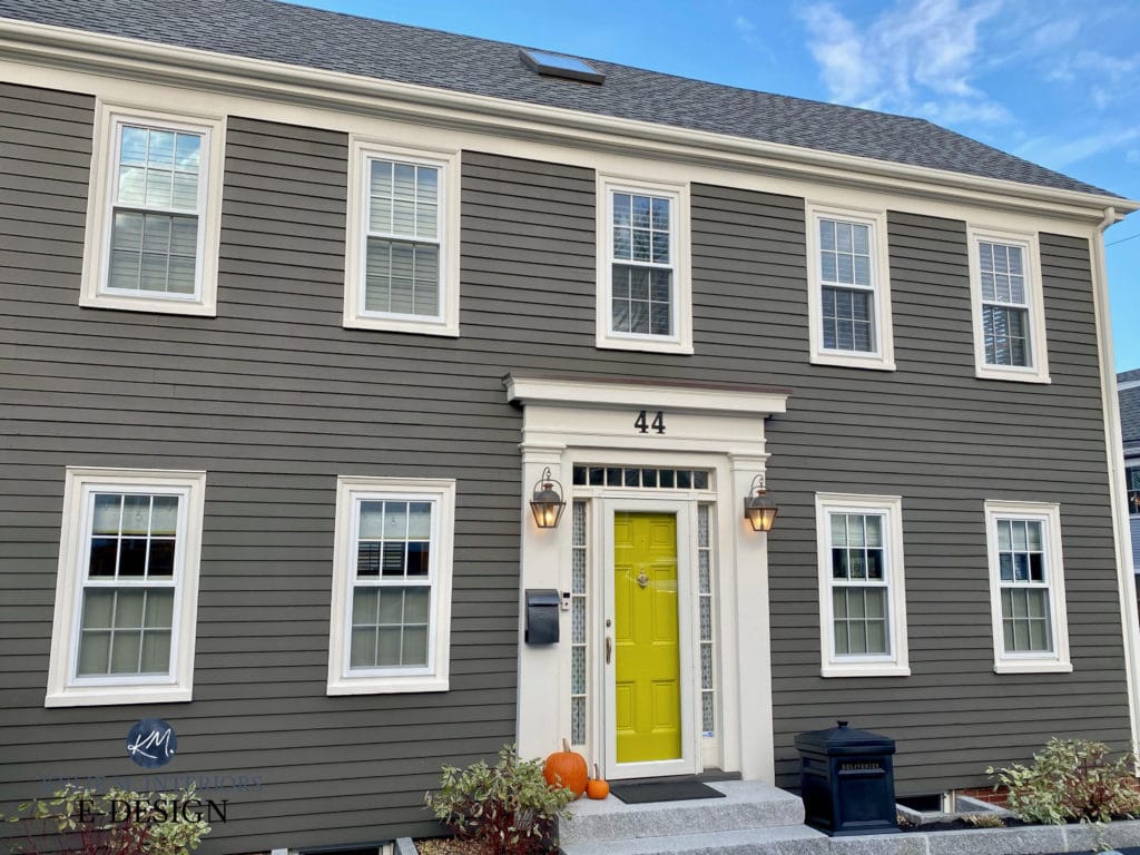 Front door Benjamin Moore Chatreuse, siding Dragons Breath, similiar to Sherwin Urbane Bronze. Kylie M Interiors Edesign