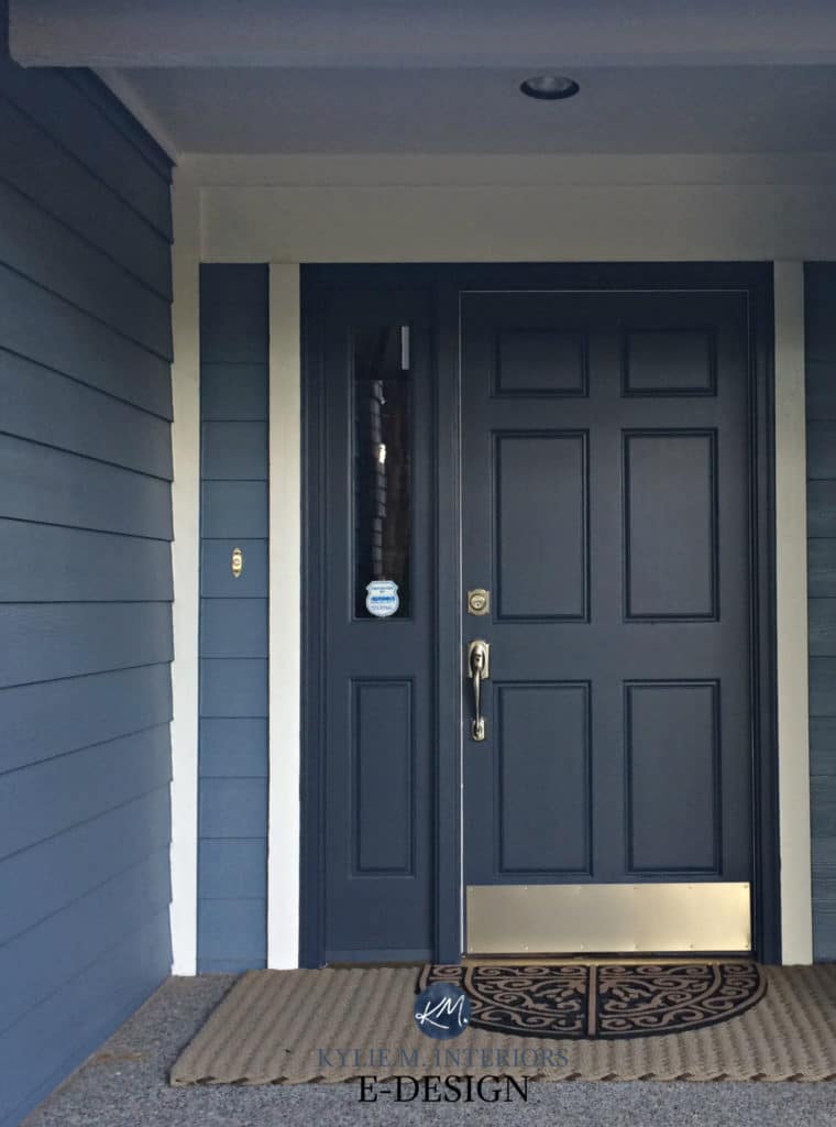 Front door painted Benjamin Moore Hale Navy, blue siding and white trim. Best paint colour. Kylie M E-design