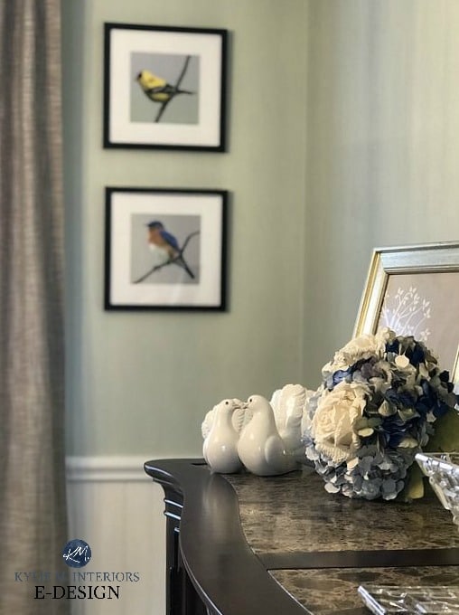 How natural light and light bulbs affect paint colour. Kylie M Interiors Edesign. Sherwin Williams Liveable Green best green paint colour