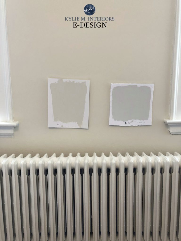 How to paint sample in different lights. Classic Gray and Wickham Gray. Kylie M INteriors E-design specialist
