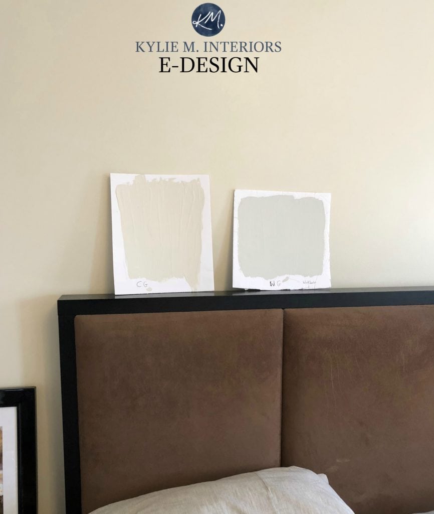 How to sample paint in natural light and artificial light. Classic Gray and Wickham Gray. Kylie M INteriors Edesign, online paint specialist