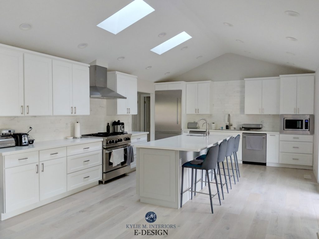 Kylie M Interiors Edesign, Classic Gray, Sherwin Williams Pure White cabinets, Mindful Gray island and white oak floor with wash