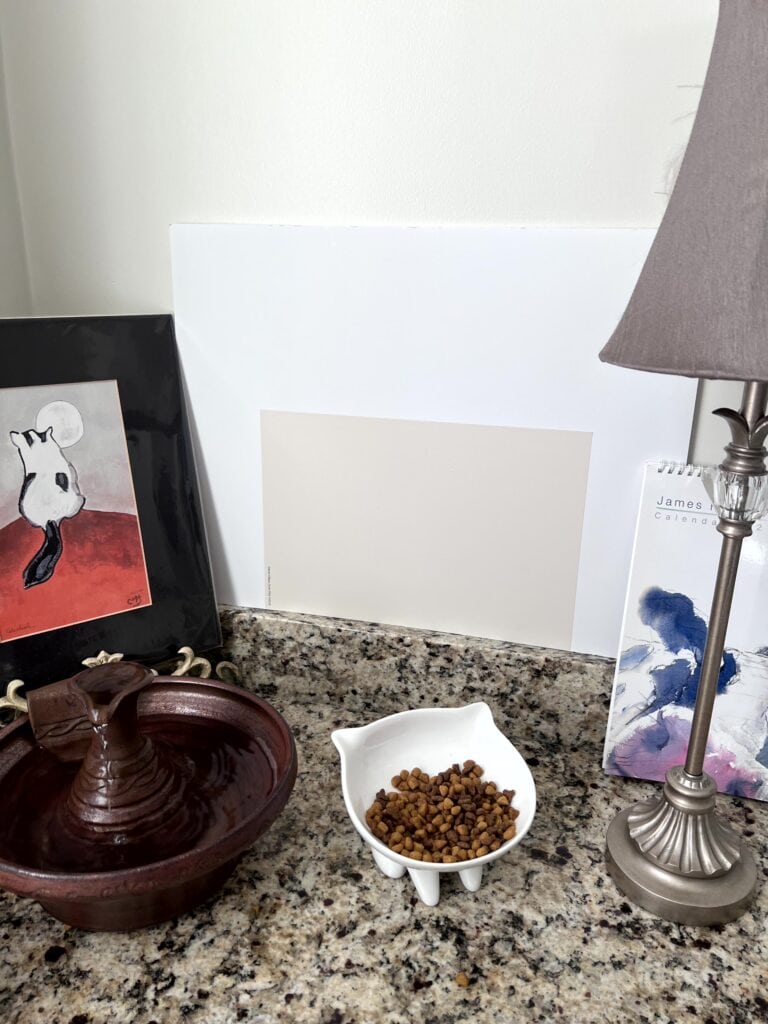 Sampling paint colors with samplize peel and stick with Giallo Ornamental or St. Cecelia Granite countertops