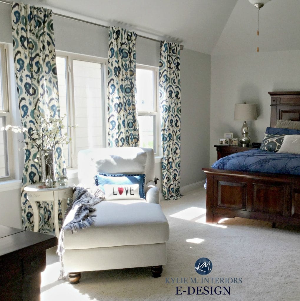 Sherwin Williams Repose Gray, best gray paint colour, bedroom with beige carpet and patterned drapes. Kylie M INteriors Edesign, online paint color consultant