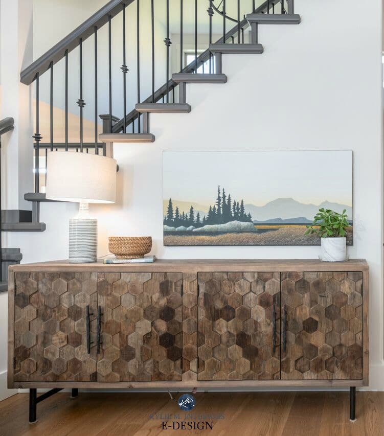 Entryway cabinet, wood hexagon pattern. Ken Kirkby westcoast painting, SW Urbane Bronze painted stair railing, Edgecomb Gray walls. Kylie M Interiors Edesign, online paint color consultant, blog