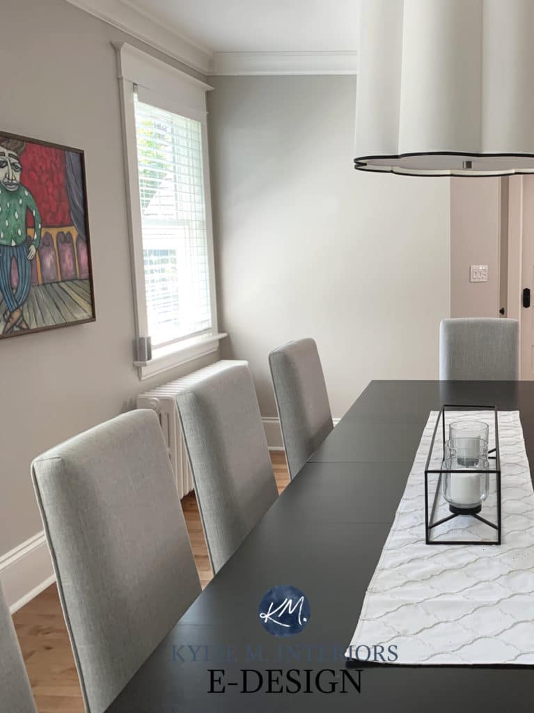 Benjamin Moore Collingwood, popular warm gray paint color. Dining room dark wood furniture, oak floor. Kylie M Interiors edesign, online paint consulting (4)