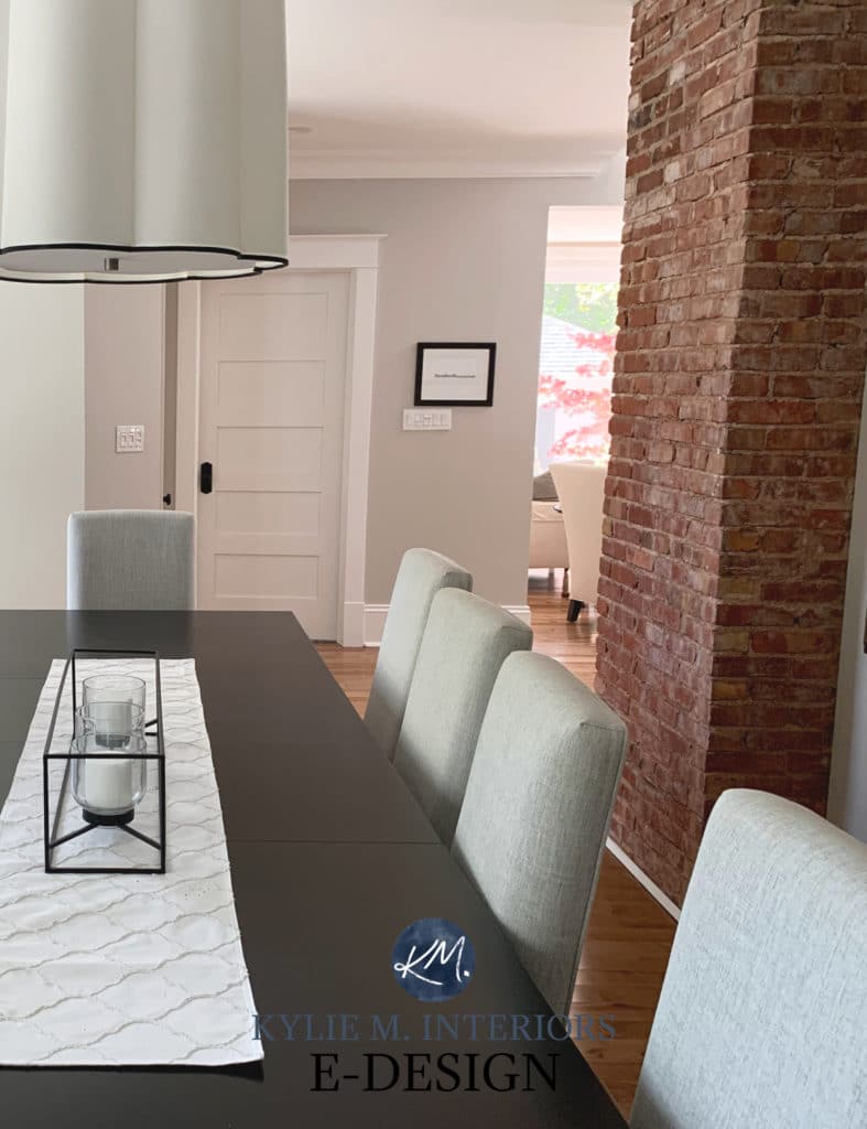 Benjamin Moore Collingwood, popular warm gray paint color. Dining room dark wood furniture, oak floor. Kylie M Interiors edesign, online paint consulting (5)