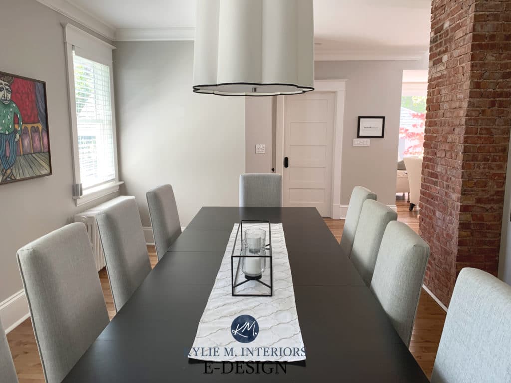 Benjamin Moore Collingwood, popular warm gray paint color. Dining room dark wood furniture, oak floor. Kylie M Interiors edesign, online paint consulting 
