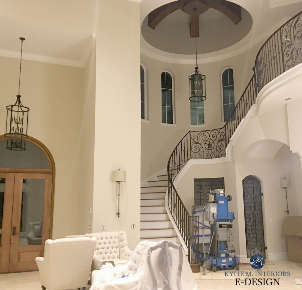 Best neutral paint colour, Benjamin Moore Manchester Tan on open layout walls, curving staircase and cupola. Kylie M Interiors Edesgin, online paint color consulting