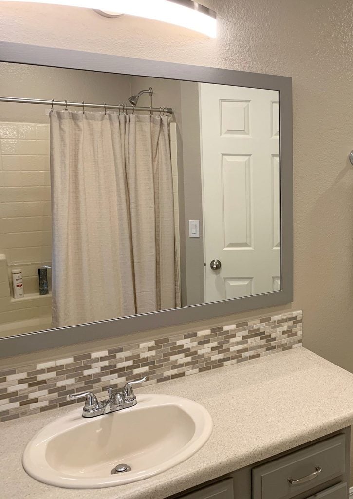 Best paint colours for almond or bone bathroom fixtures. Kylie M Interiors Edesign, beige and gray painted oak vanity. Online Paint Color consulting