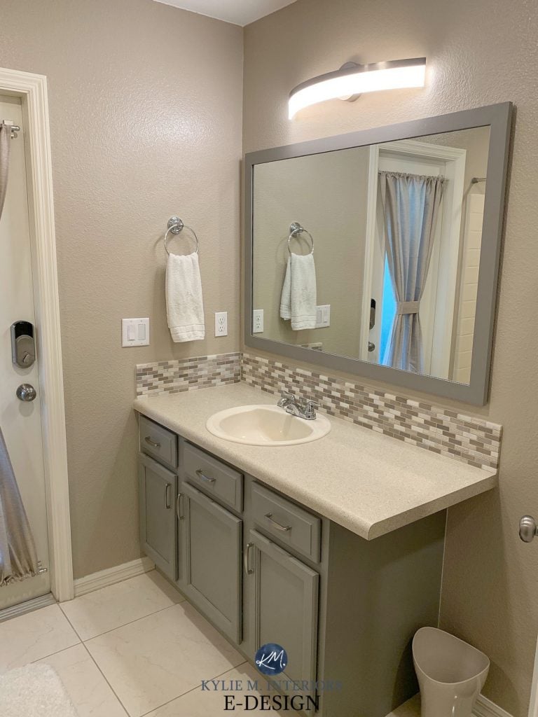 Best paint colours for almond or bone bathroom fixtures. Kylie M Interiors Edesign, beige and gray painted vanity. Online Paint Color consulting