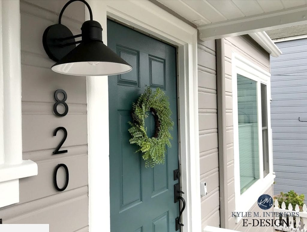 Exterior front door painted Sherwin Williams Still Water, Pure White and Polished Concrete, mid century house numbers. Kylie M Interiors Edesign, online paint colour consulting blog