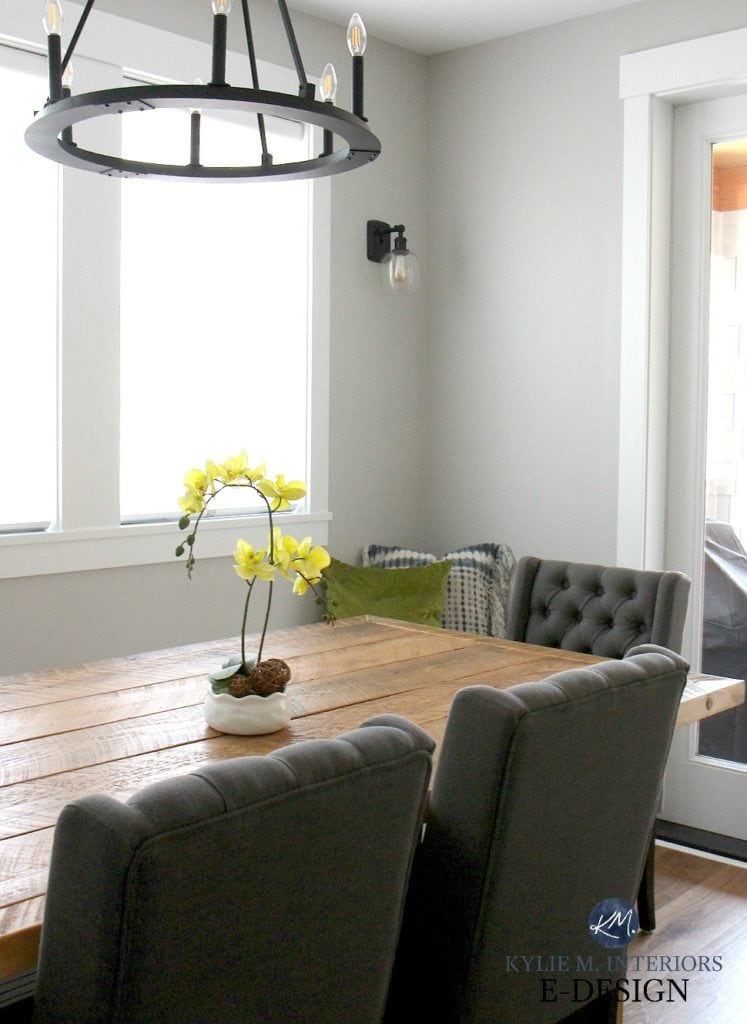 Farmhouse wood diy dining table, gray upholstered chairs, Stonington Gray paint color and round chandelier. Kylie M Interiors Edesign, online paint color consultant