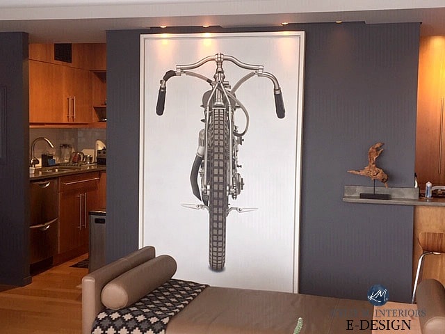 Feature or accent wall with art gallery artwork style look. Benjamin moore Gray 2121-10. Kylie M Interiors E-design, online paint colour specialist