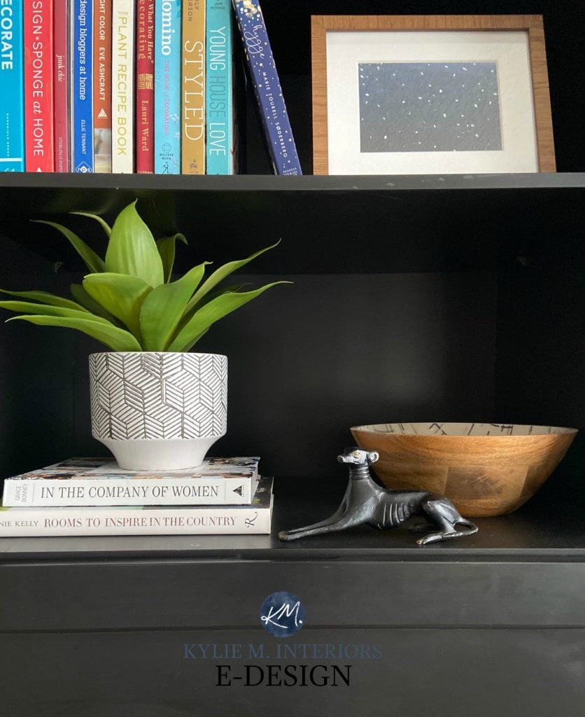 Black bookcase with home deor and books, Benjamin Moore Black 2132-10