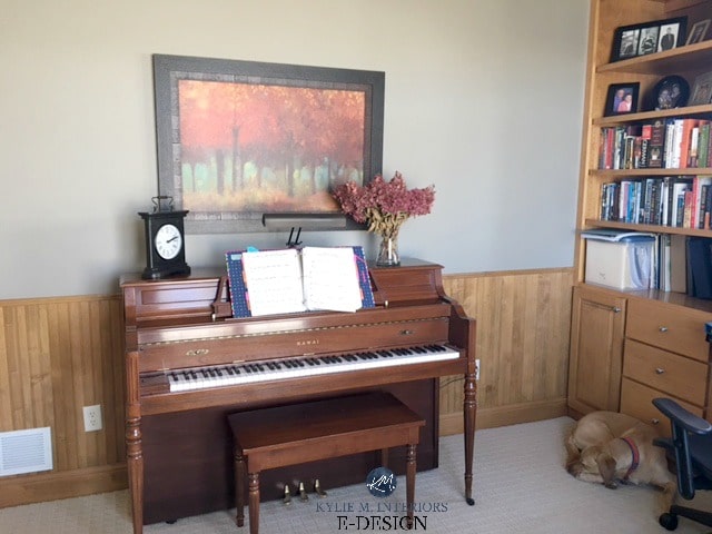 How to decorate the top of a piano, shelf, buffet. Wood wainscoting with Benjmin Moore Rockport Gray walls. Kylie M Interiors Edesign, online paint color consulting