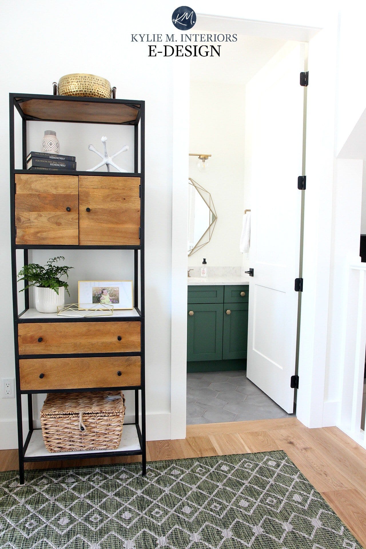 Kylie M Interiors Edesign, powder room, small bathroom with gray hexagon tile floor and green painted vanity with gold accents. Sherwin Williams Pure White. Online paint colour advice and blog