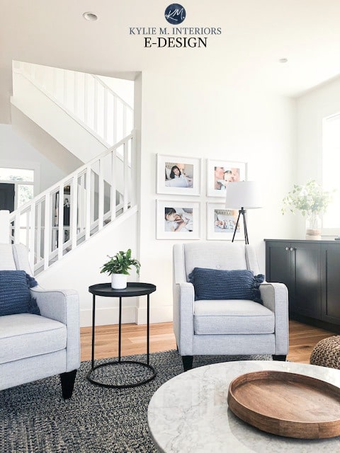 Living room with Pure White Walls and blue accents and decor, round marble coffee table. Kylie M Interiors Edesign, online paint colour advice and consulting blog