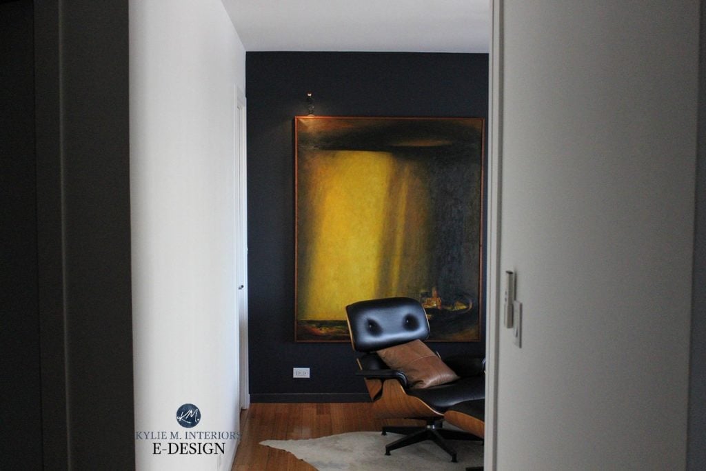 Moody dramatic feature wall lin bedroom. Benjamin Moore Raccoon Fur with Sherwin Pure White. Kylie M INteriors Edesign. Gallery style artwork