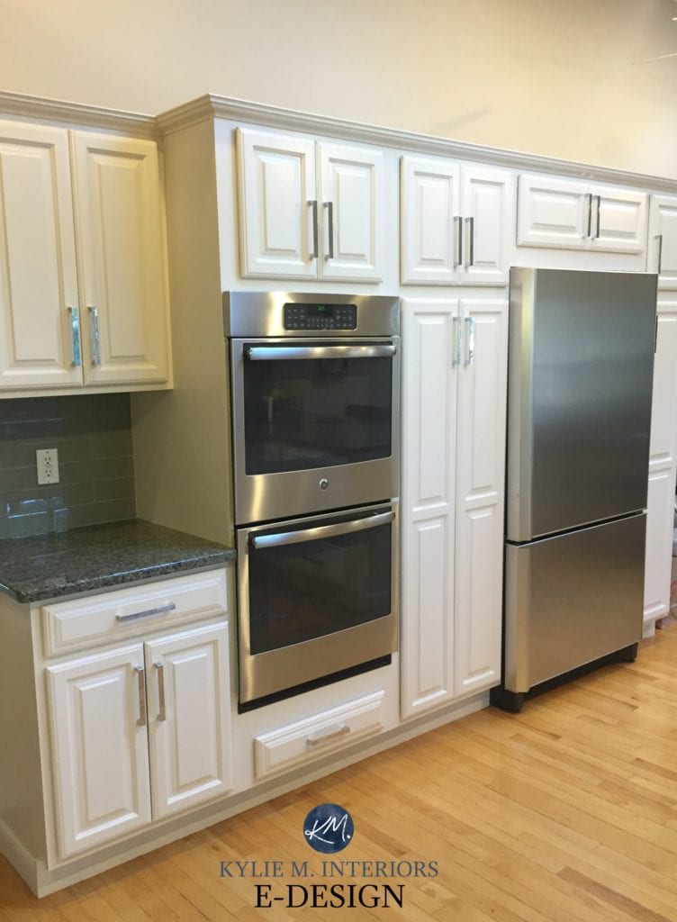 Painted white oak cabinets. Sherwin Williams White Duck off white green toned countertop, wood floor. Edgecomb Gray walls. Kylie M Interiors Edesign