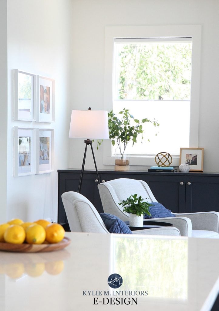 Sherwin Williams Pure White, Cyberspace builtins, accent chairs in living room. Kylie M Interiors edesign, online paint color consulting, white trim in south facing room