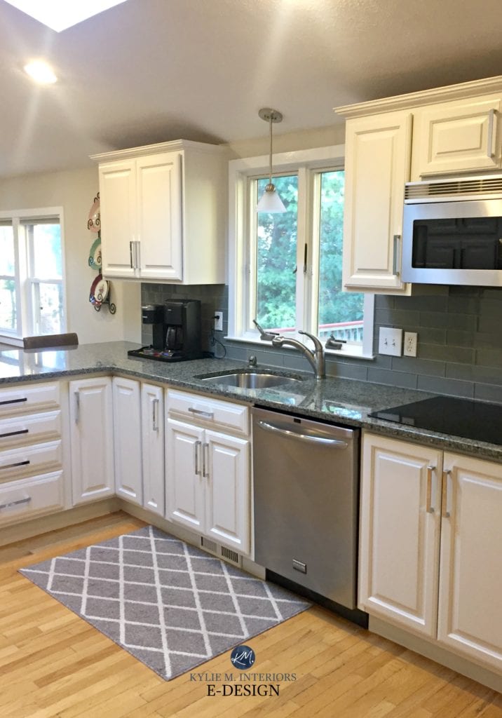 Sherwin Williams White Duck painted maple cabinets and green undertone granite with glass backsplash. Edgecomb Gray walls. Kylie M interiors Edesign