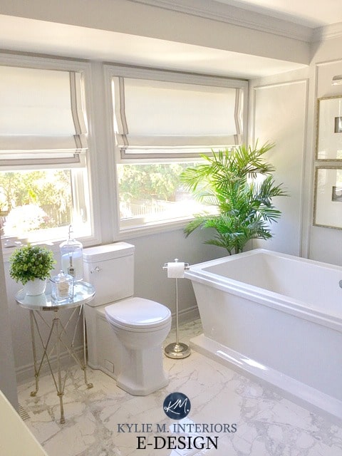 Sherwin Williams Zircon, gray with purple undertone. Marble look porcelain tile bathroom with freestanding tub. Kylie M INteriors Edesign, online paint color consulting