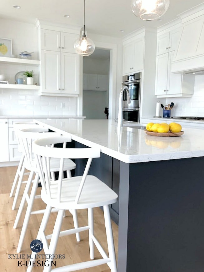 White spindle back counter bar stools with Cyberspace navy blue island and Pure White kitchen cabinets. Kylie M Interiors Edesign, online paint colour advice blog