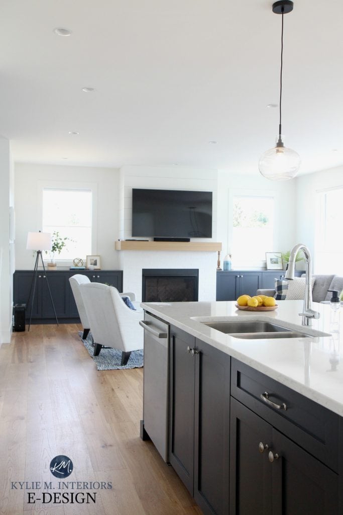 White walls, white oak flooring. Kylie M Interiors Edesign, Cyberspace built in cabinets on either side of shiplap fireplace with wood mantel and tv