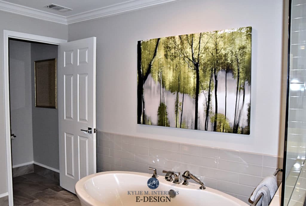 Bathroom in Sherwin Williams Modern Gray, best warm grey paint color. Kylie M Interiors edesign online color advice and decorating tips