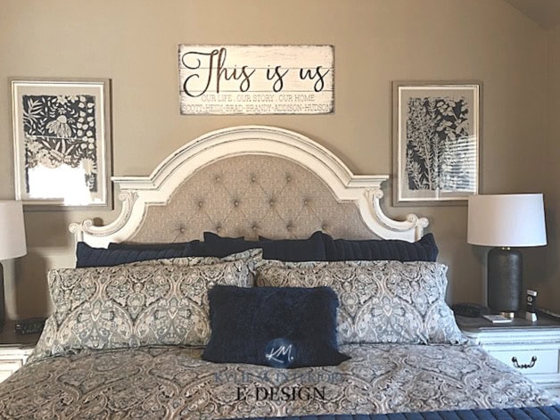 Best greige, Benjamin Moore Pashmina in bedroom. Kylie M Interiors edesign, online paint colour advice