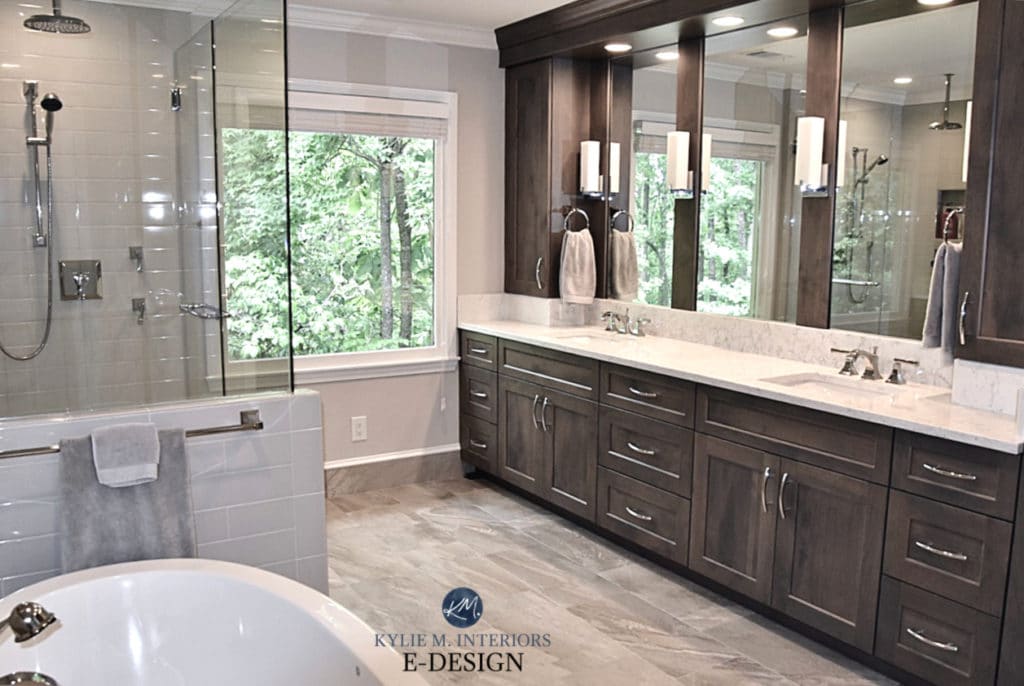 Best warm grey, greige paint colour, Sherwin Modern Gray. Kylie M Interiors Edesign, master bathroom with dark wood vanity. Decorating tips and advice