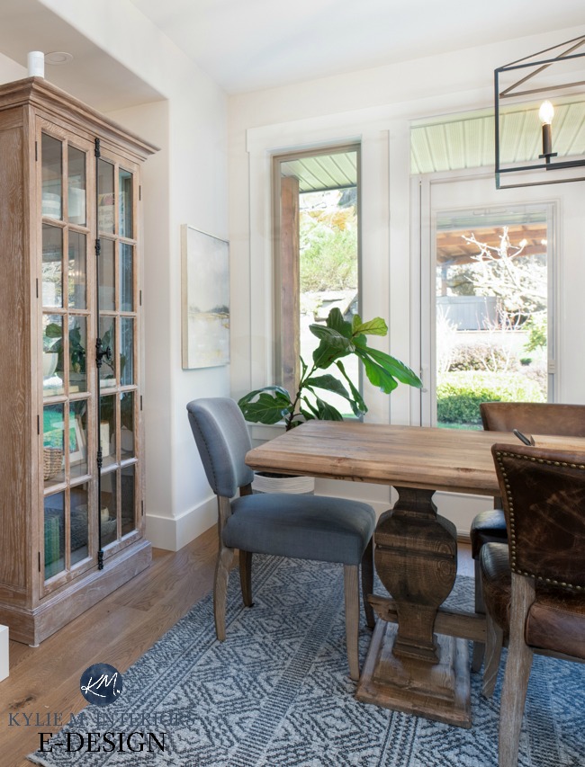 Dining room, modern farmhouse style furniture, white oak flooring, trestle style table, lightened Edgecomb Gray walls. Kylie M Interiors Edesign, online paint color consulting
