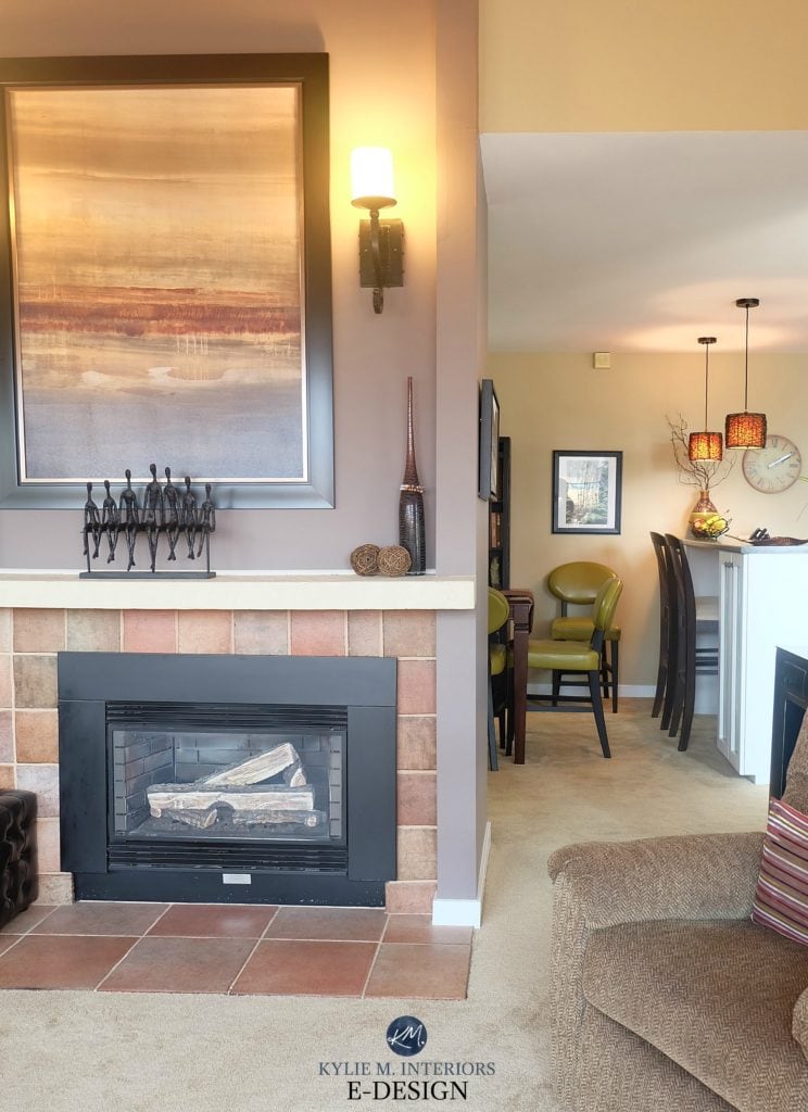 Feature or accent wall fireplace Benjamin Moore Smoked Oyster, purple paint colour. Benjamin Moore Stone House. Beige carpet. Kylie M Interiors Edesign, online paint color consulting, advice blog