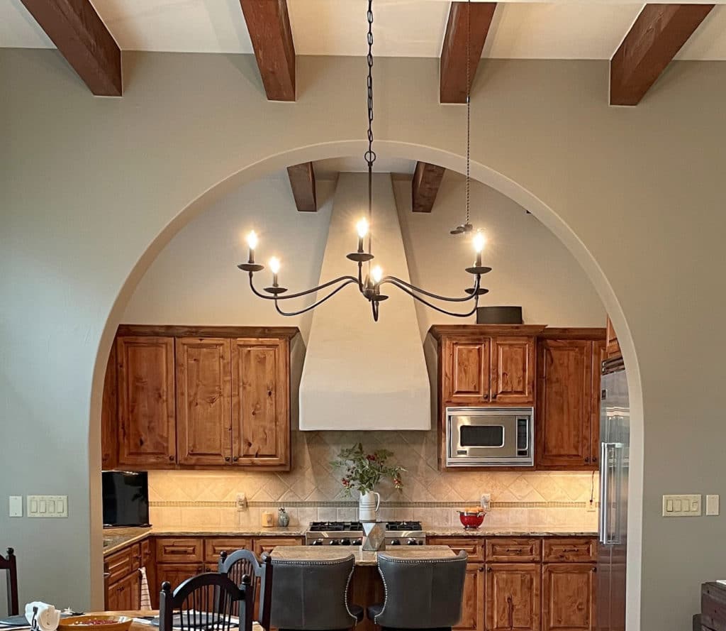 Kitchen wood cabinets, Sherwin Williams White Duck, wood beams, feature similiar to Mindful Gray. Kylie M Interiors Edesign, diy blogger