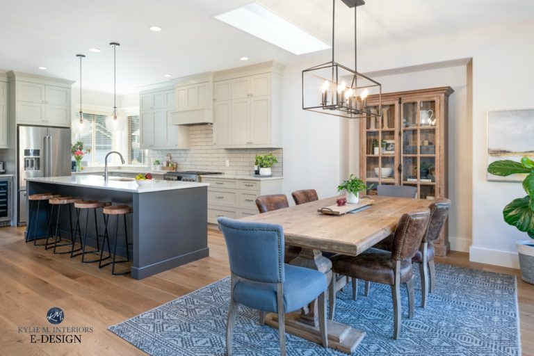 Open layout kitchen and dining room, farmhouse modern country style table. Greige and warm gray. Kylie M Interiors Edesign