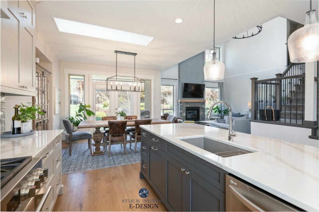 Open layout kitchen, dining room, living room, warm grays and greige. Kylie M Interiors Edesign, Brittanica Warm quartz countertop, shiplap