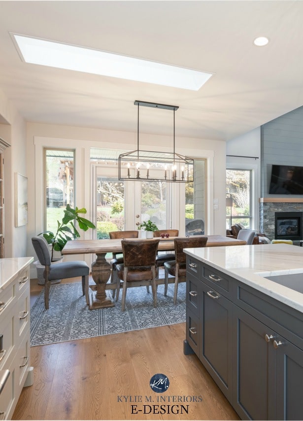 Open layout kitchen, dining room, living room, warm grays and greige. Kylie M Interiors Edesign, Brittanica Warm quartz countertop, shiplap (2)